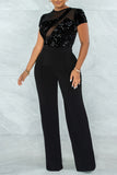 Fashion Casual Patchwork Sequins See-through O Neck Regular Jumpsuits