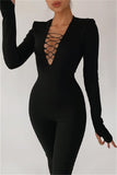 Fashion Casual Solid Hollowed Out V Neck Skinny Jumpsuits
