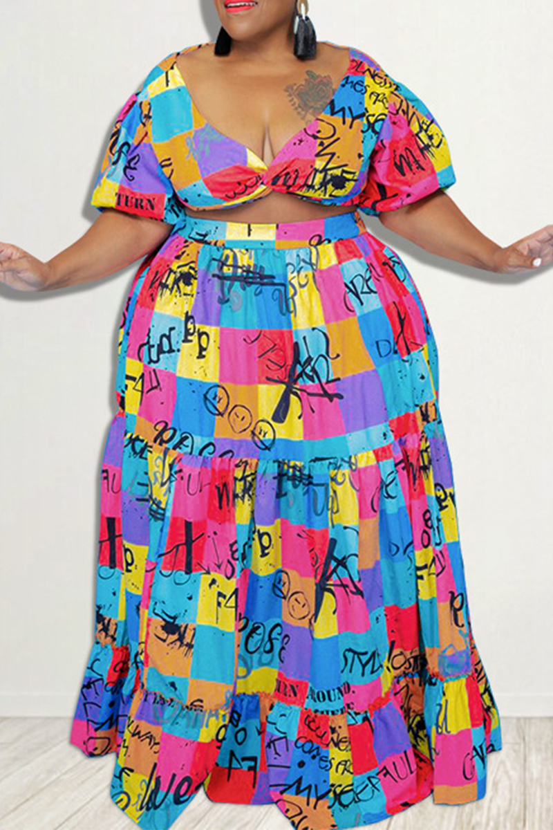 Sexy Print Draw String V Neck Cake Skirt Plus Size Two Pieces