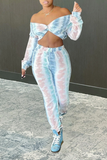 Sexy Patchwork Tie-dye V Neck Long Sleeve Two Pieces