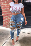 Fashion Casual Leopard Split Joint Plus Size Jeans