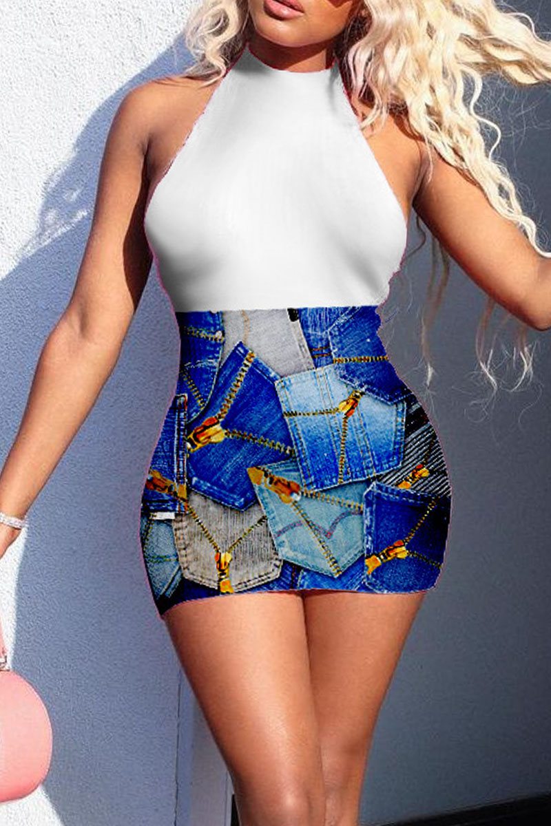 Sexy Print Split Joint Backless Halter Pencil Skirt Dresses