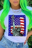 Fashion Street Print American Flag Patchwork O Neck T-Shirts