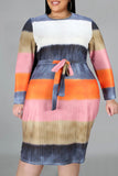 Fashion Casual Print Slit With Belt O Neck Long Sleeve Plus Size Dresses