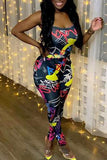Sexy Print Hollowed Out Graffiti Split Joint Halter Skinny Jumpsuits