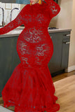 Fashion Sexy Plus Size Solid Patchwork See-through O Neck Long Sleeve Dresses