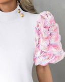 Colorblock Floral Pattern Puff Sleeve Casual Dress