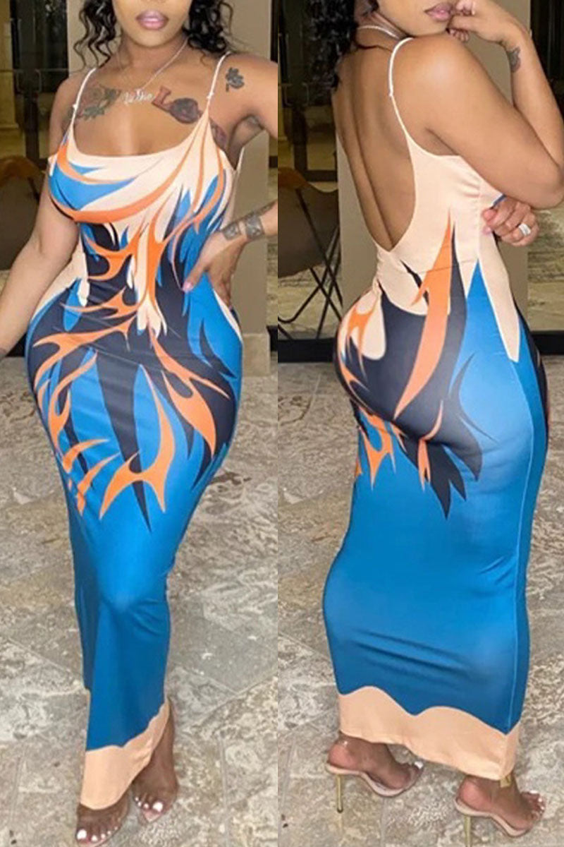 Fashion Sexy Print Split Joint Spaghetti Strap Sling Dress Dresses