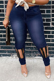 Fashion Casual Patchwork Ripped Hollowed Out High Waist Regular Denim Jeans