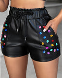 Colorful Rhinestone PU Leather Shorts