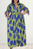 Casual Print Split Joint With Belt Turndown Collar Straight Plus Size Dresses