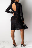Fashion Casual Patchwork Hollowed Out See-through O Neck Long Sleeve Dresses
