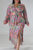 Casual Print Bandage Patchwork High Opening Turndown Collar Plus Size Two Pieces