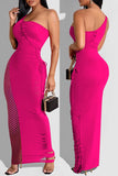 Fashion Sexy Solid Hollowed Out Split Joint Backless One Shoulder Long Dress