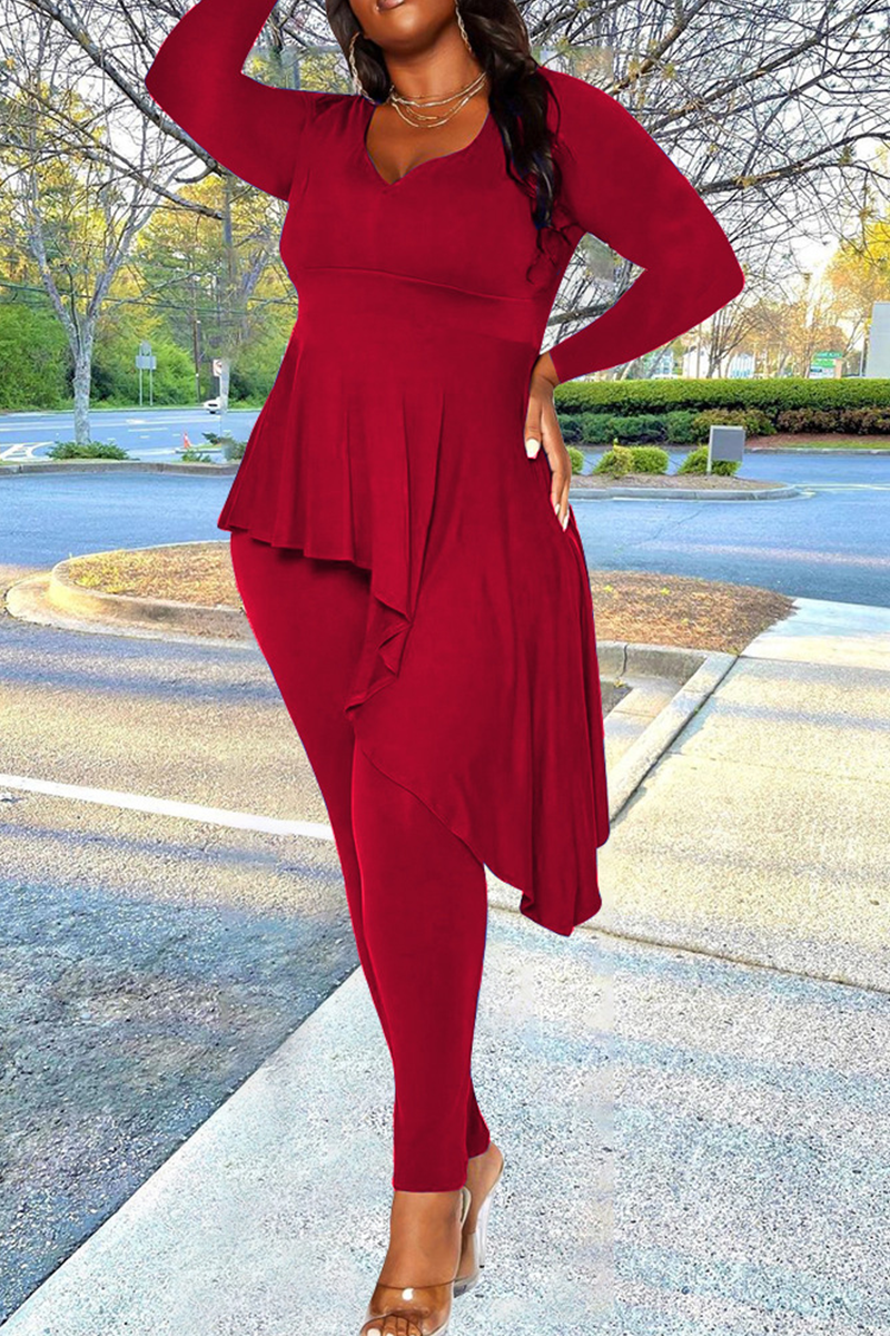 Sexy Solid Flounce V Neck Plus Size Two Pieces