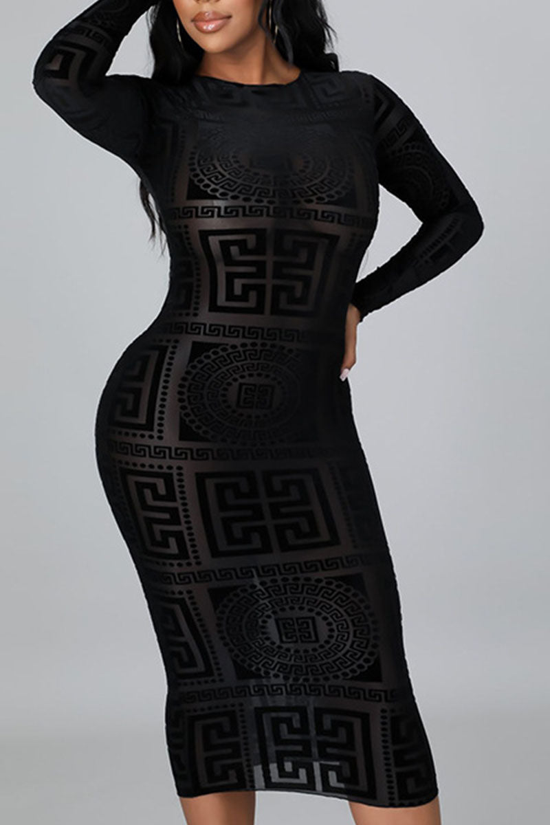 Sexy Print Hollowed Out Split Joint See-through Mesh O Neck Pencil Skirt Dresses