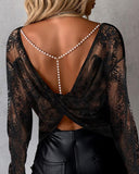 Lace Patch Pearls Strap Backless Top