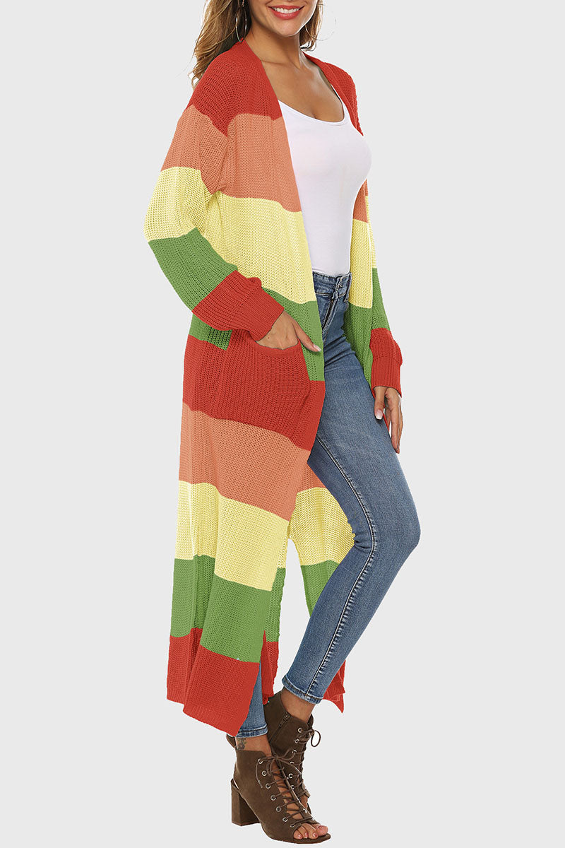 Casual Striped Print Split Joint Slit Outerwear