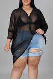 Sexy Solid Split Joint Buttons See-through Asymmetrical V Neck Plus Size Tops