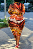 Fashion Casual Print With Belt O Neck Long Sleeve Plus Size Dresses