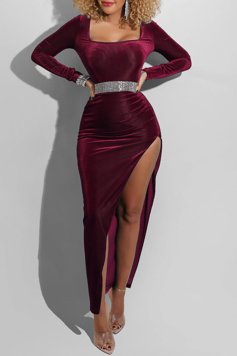 Fashion Sexy Solid Slit Square Collar Long Sleeve Dresses