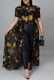 Fashion Casual Plus Size Print See-through Half A Turtleneck Short Sleeve Dress