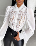 Lace Patch Beaded Lantern Sleeve Top