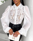 Lace Patch Beaded Lantern Sleeve Top
