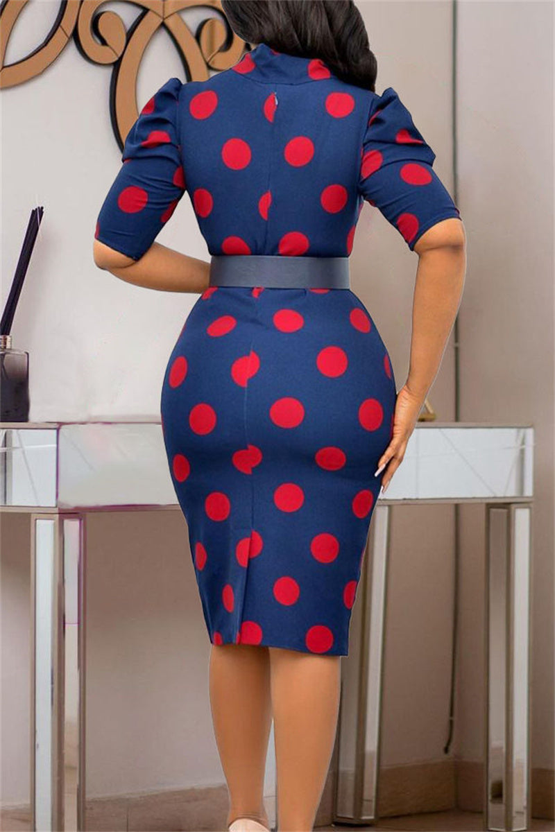 Fashion Casual Dot Print With Belt O Neck Pencil Skirt Dresses