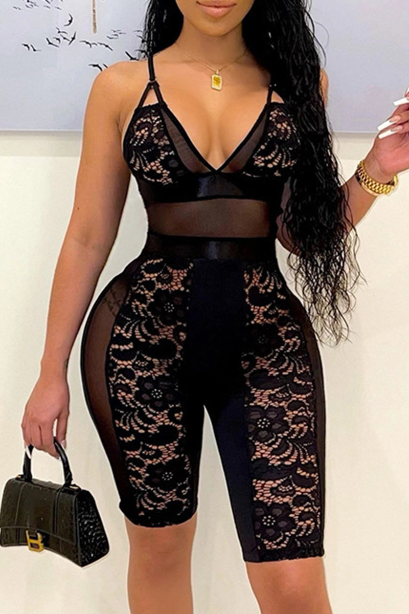 Fashion Sexy Patchwork See-through Backless V Neck Skinny Romper