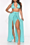 Sexy Solid Bandage Split Joint Backless Slit Halter Sleeveless Two Pieces