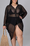 Sexy Solid Split Joint Buttons See-through Asymmetrical V Neck Plus Size Tops