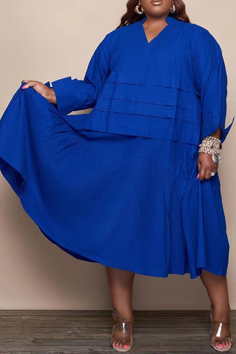 Casual Solid Flounce V Neck Cake Skirt Plus Size Dresses