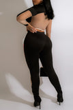 Sexy Solid Split Joint See-through O Neck Long Sleeve Two Pieces