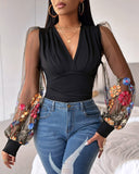 Floral Embroidery Sheer Mesh Patch Ruched Top