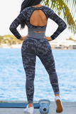Casual Camouflage Print Split Joint U Neck Long Sleeve Two Pieces
