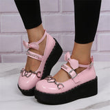 Fashion Casual Patchwork Metal Accessories Decoration With Bow Round Comfortable Wedges Shoes