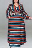 Casual Striped Print Bandage Split Joint V Neck Plus Size Two Pieces