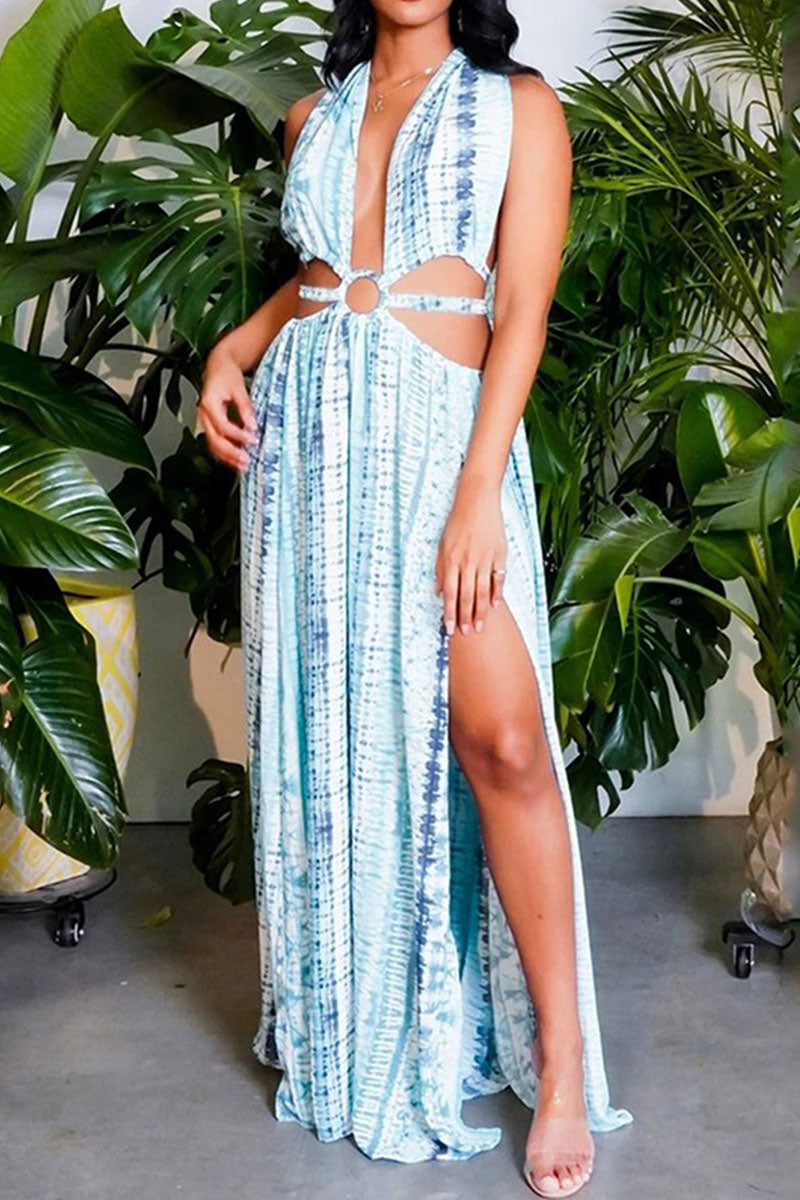 Sexy Print Bandage Hollowed Out Backless Zipper Halter Beach Dresses