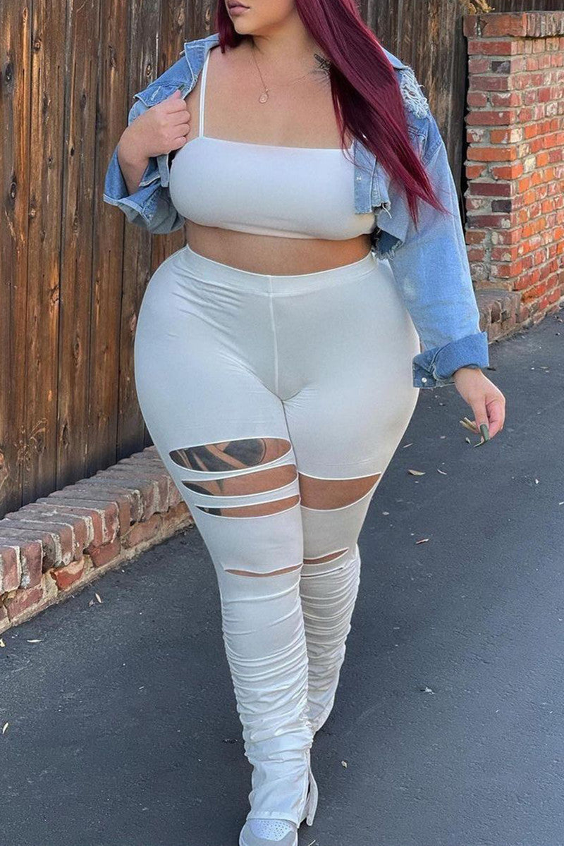 Fashion Casual Solid Ripped Plus Size Trousers