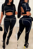 Sexy Sportswear Solid Split Joint Backless O Neck Short Sleeve Two Pieces