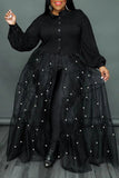 Casual Solid Patchwork Buckle Pearl Turndown Collar Shirt Dress Plus Size Dresses