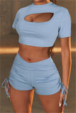 Casual Sportswear Solid Hollowed Out Draw String O Neck Short Sleeve Two Pieces