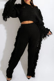 Casual Street Solid Tassel Split Joint O Neck Long Sleeve Two Pieces