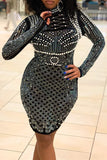 Fashion Sexy Patchwork Hot Drilling Beading Half A Turtleneck Long Sleeve Dresses