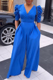 Casual Solid Patchwork Fold V Neck Straight Jumpsuits