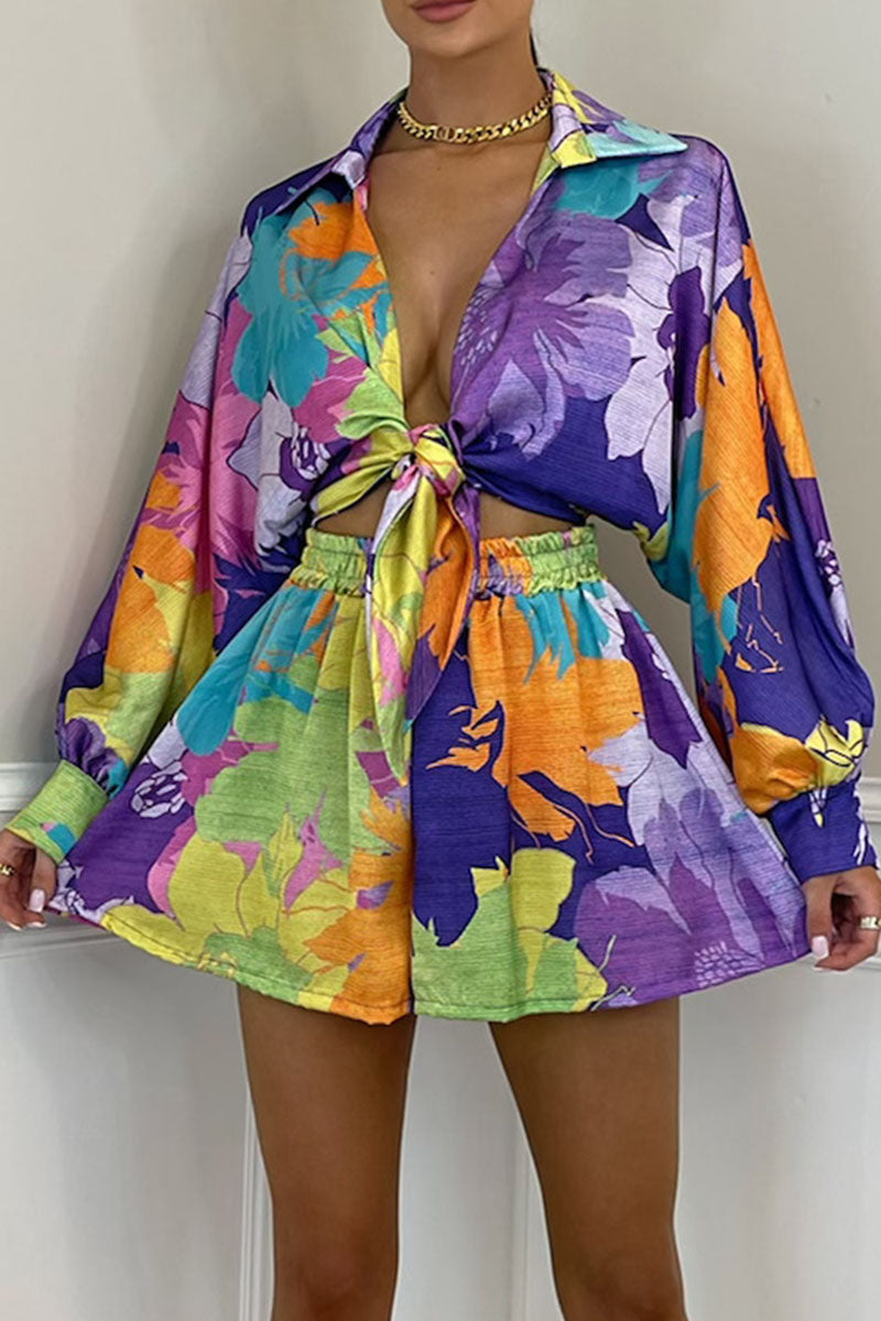 Fashion Sexy Print Patchwork Turndown Collar Long Sleeve Two Pieces