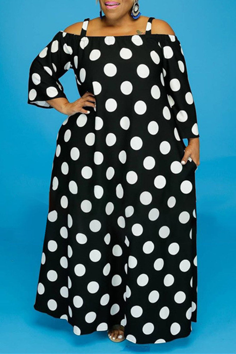 Fashion Casual Print Without Belt Off the Shoulder Long Sleeve Plus Size Dresses