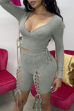 Fashion Sexy Solid Bandage V Neck Long Sleeve Two Pieces