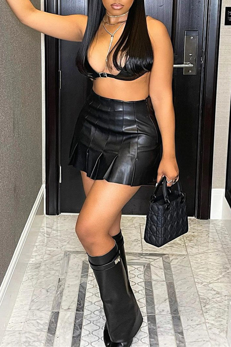 Fashion Sexy Solid High Waist Pleated Leather Skirt